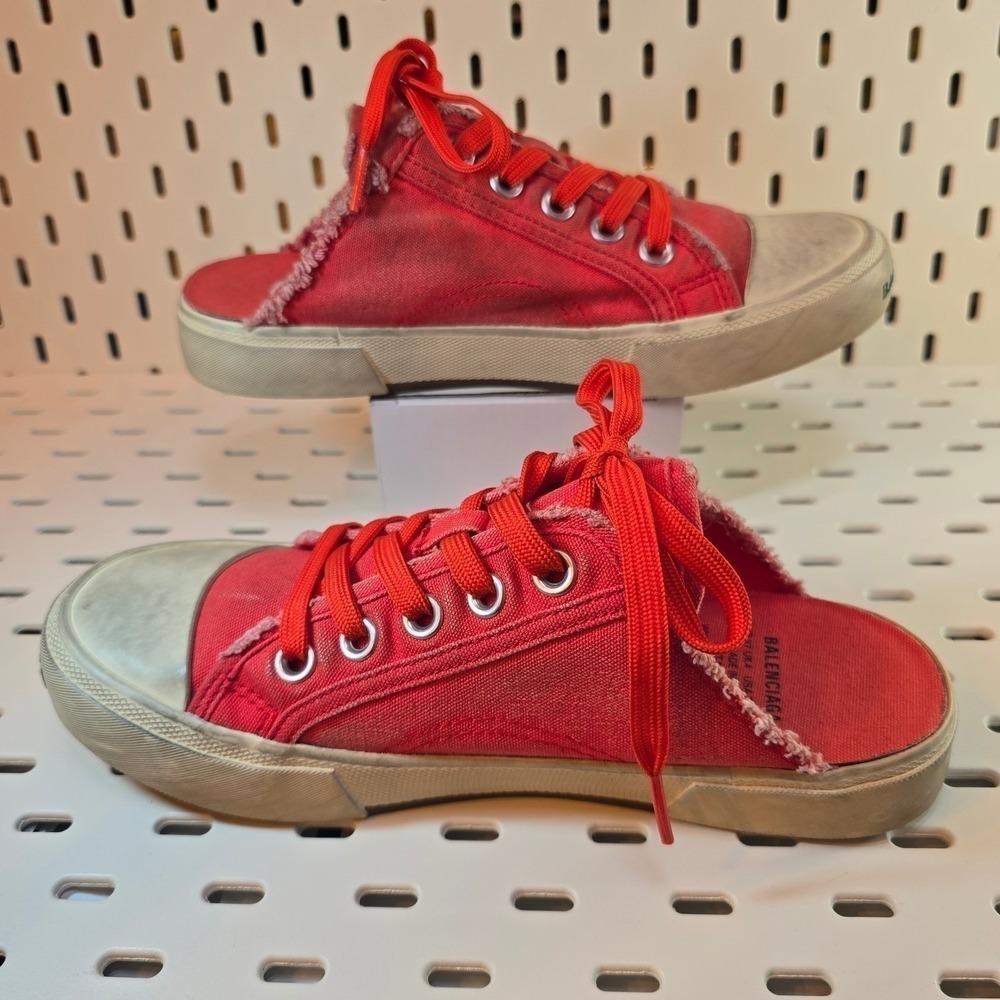 BALENCIAGA Womens Red Paris Canvas Mule Sneakers Sz 37 Distressed Streetwear Y2K - Picture 10 of 16
